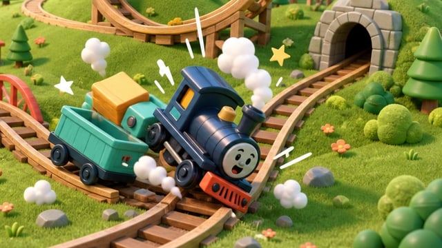 Two friendly toy trains bumping together on crossing tracks