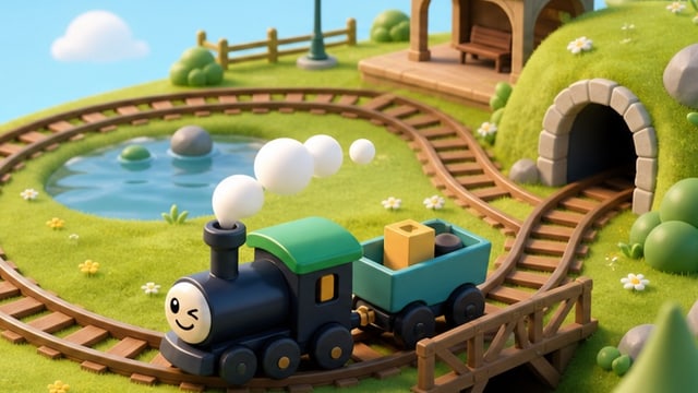 A smiling toy locomotive traveling toward a small station