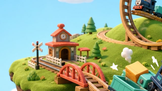 A toy railway winding past a station and red bridge