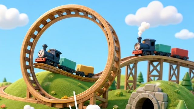 Toy trains traveling through a large wooden loop and bridge